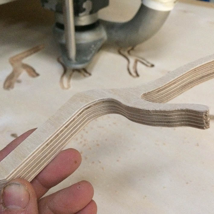 birch ply cutting of custom coat hooks on CNC router
