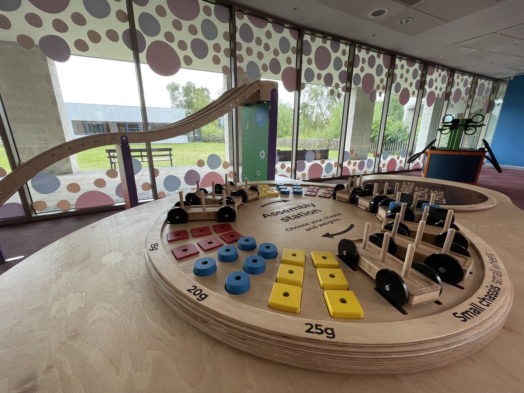 The completed car-building station and race track.