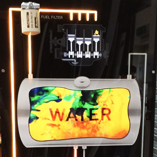 The branded Parker filter demonstration display.