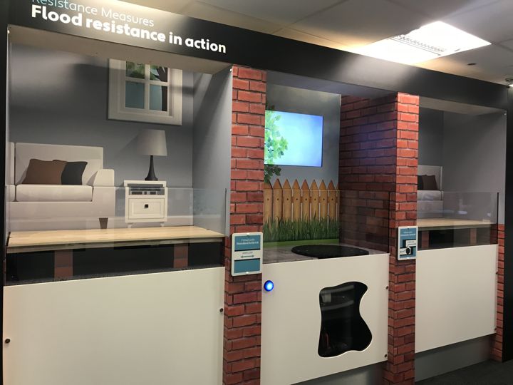 Flood Resilience: side-by-side house models within the interpretation display.