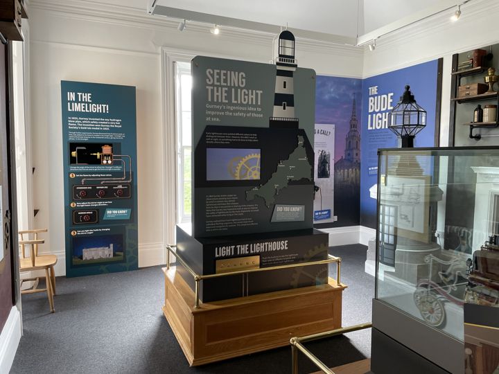 The completed lighthouse exhibit installed beside other heritage displays.