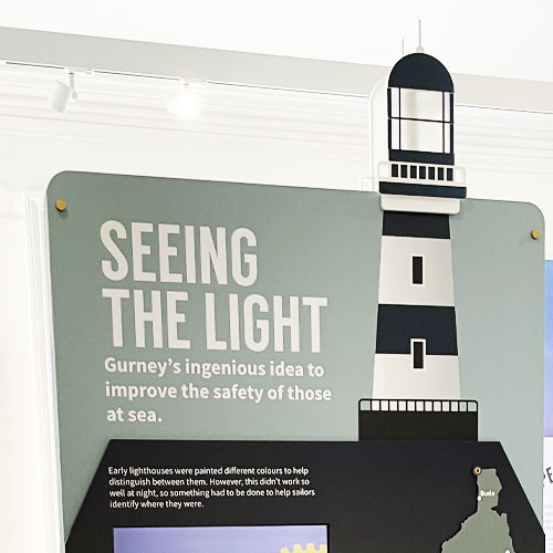 The completed lighthouse exhibit installed beside other heritage displays.