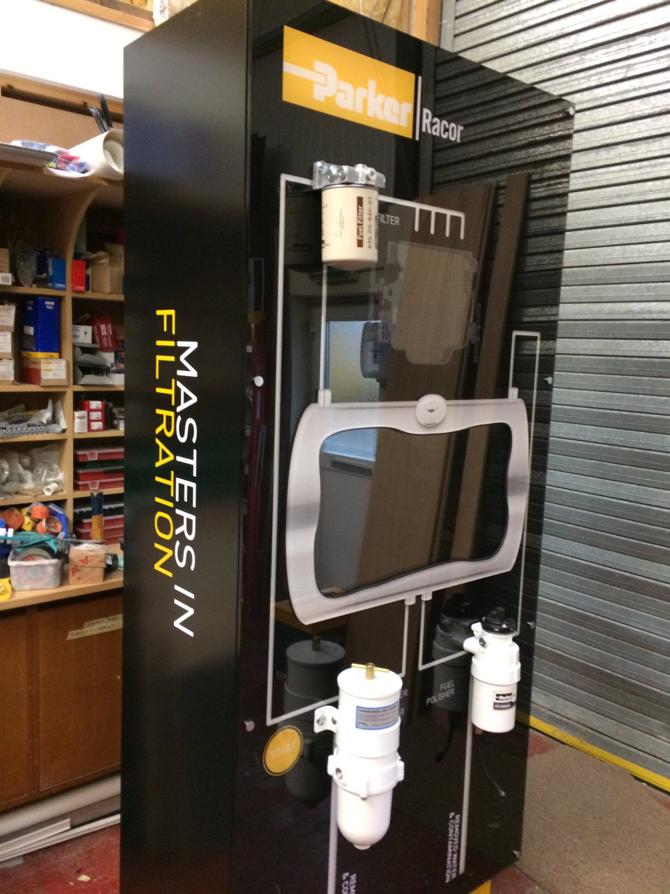 The branded Parker filter demonstration display.
