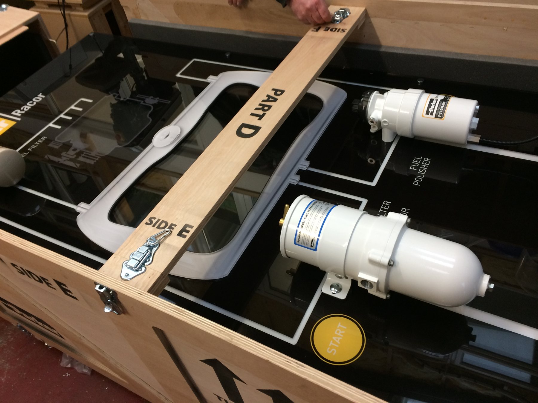 Parker Fuel Filter: the display packed into its purpose-made transport crate.