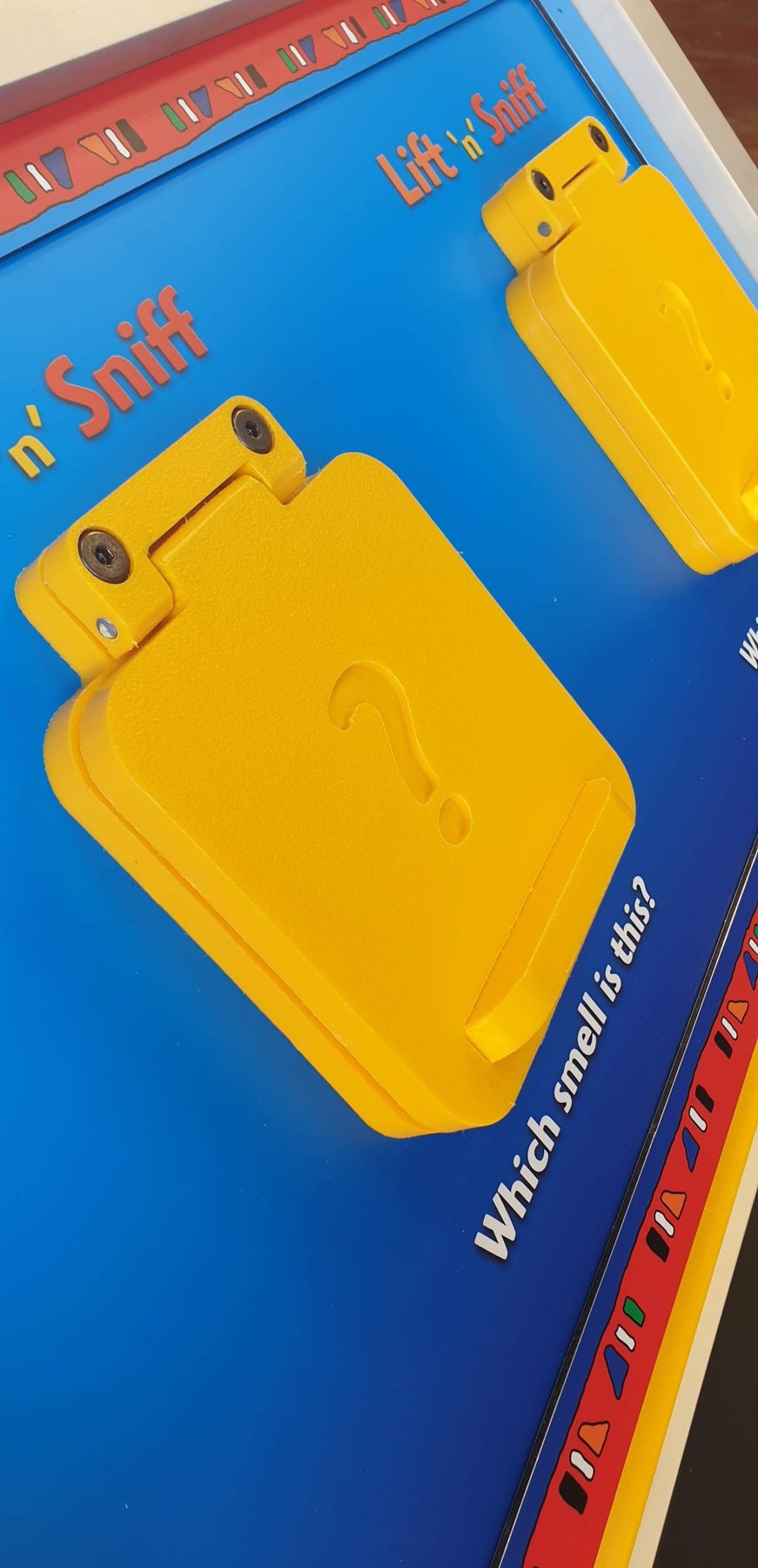 Rainforest Lift & Sniff Display: close-up of a closed flap and surrounding interpretation.