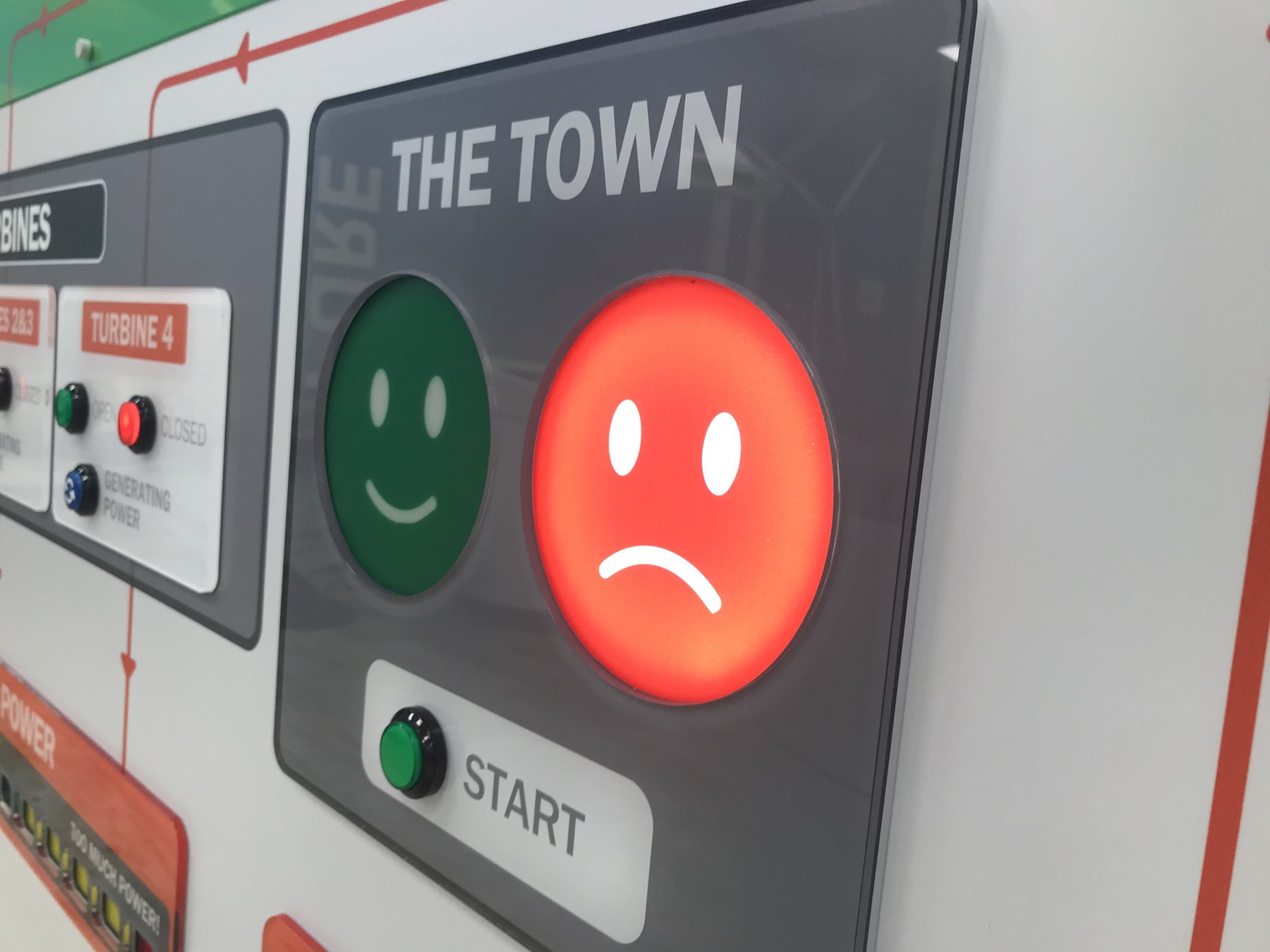 Reservoir & Hydropower: close-up of the town feedback indicator and start button.