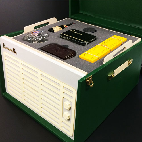 The record-player-style memory box with the lid raised.