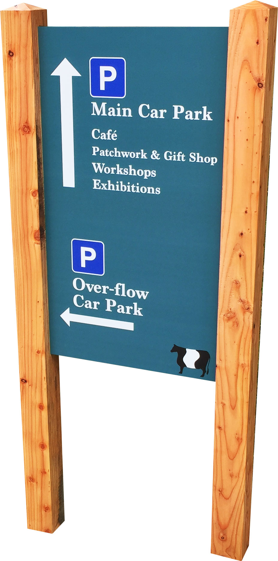 Wooden sign post with full colour printed graphics and wayfinding information