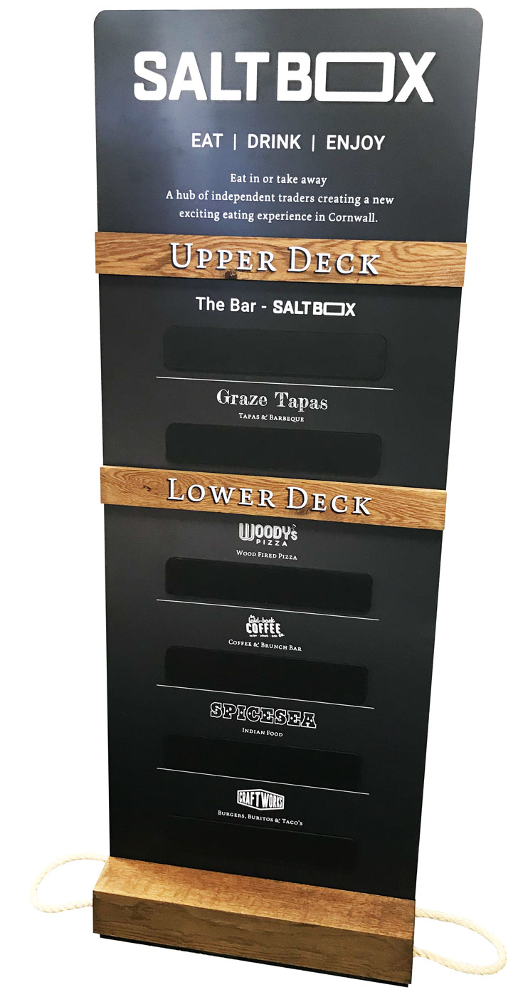 Custom hospitality wayfinding and menu stand with updatable menu details