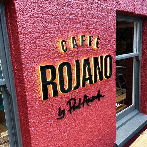 Caffè Rojano in Padstow with illuminated restaurant signage and quality windo graphics