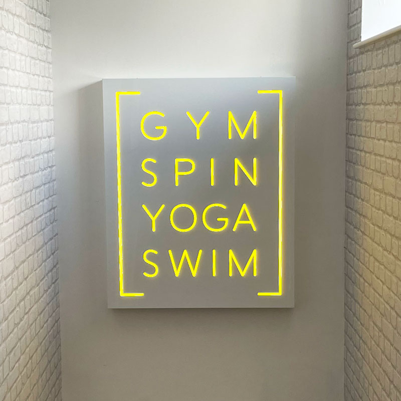 Gym & leisure sign in neon yellow effect in Falmouth