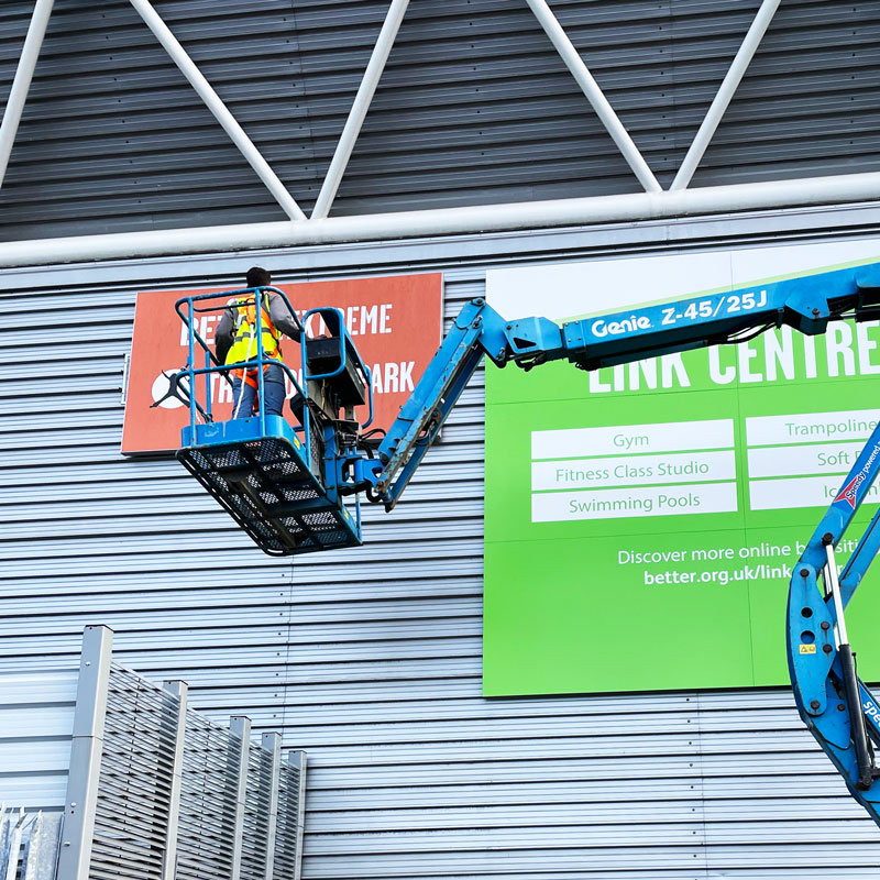 High level installation of leisure signage