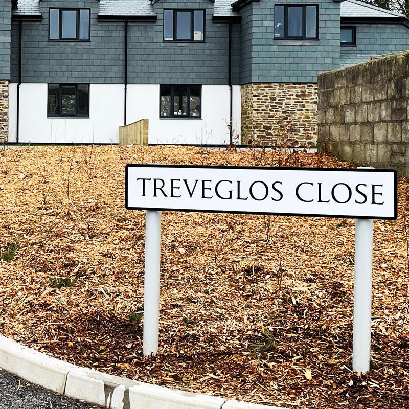 Road name post mounted sign in Cornwall