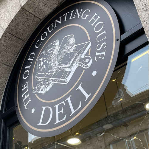 Shop sign in Newquay for the Old Counting House Deli with satin finish