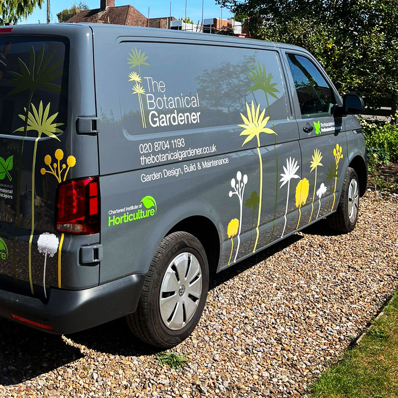 Gardening company with cut vinyl graphics on side of van in Cornwall and Devon