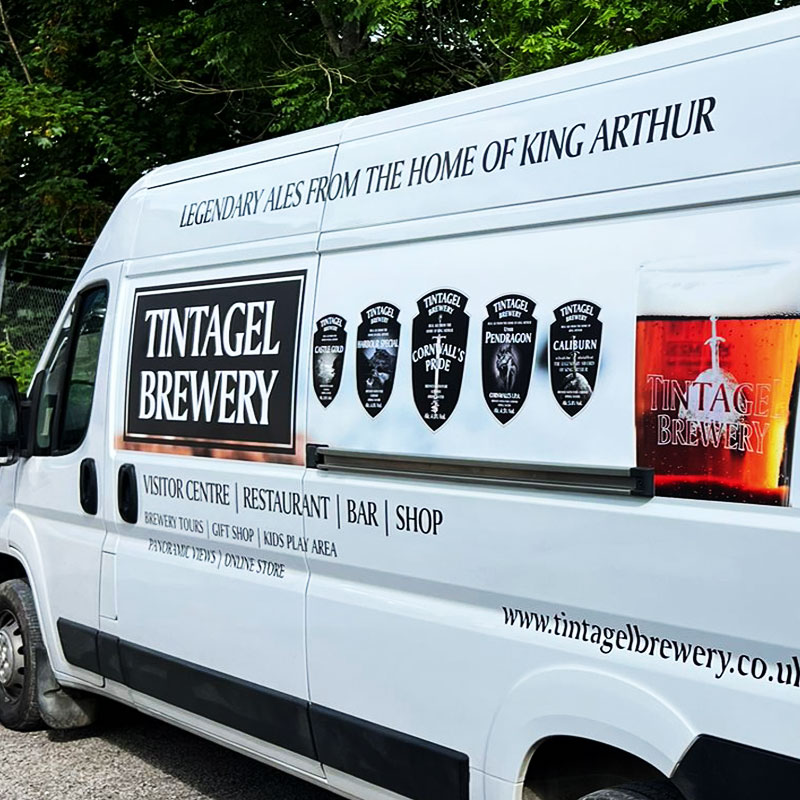 Tintagel Brewery delivery van with printed decal graphics in Cornwall