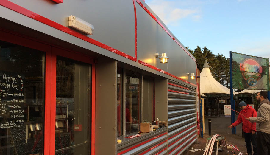 silver cladding installed to front of diner giving retro look