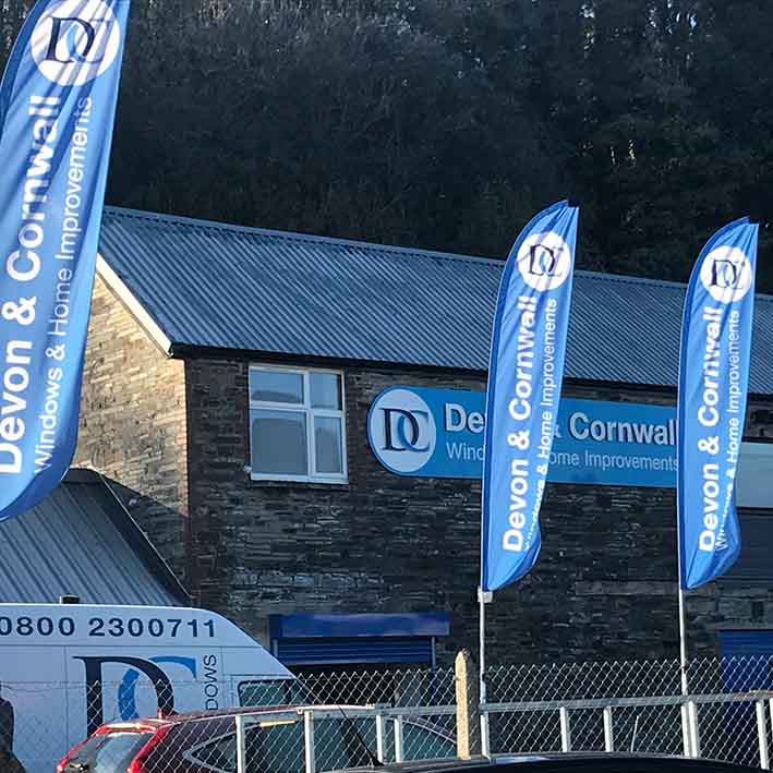 Advertising flag with custom prin for Devon and Cornwall windows