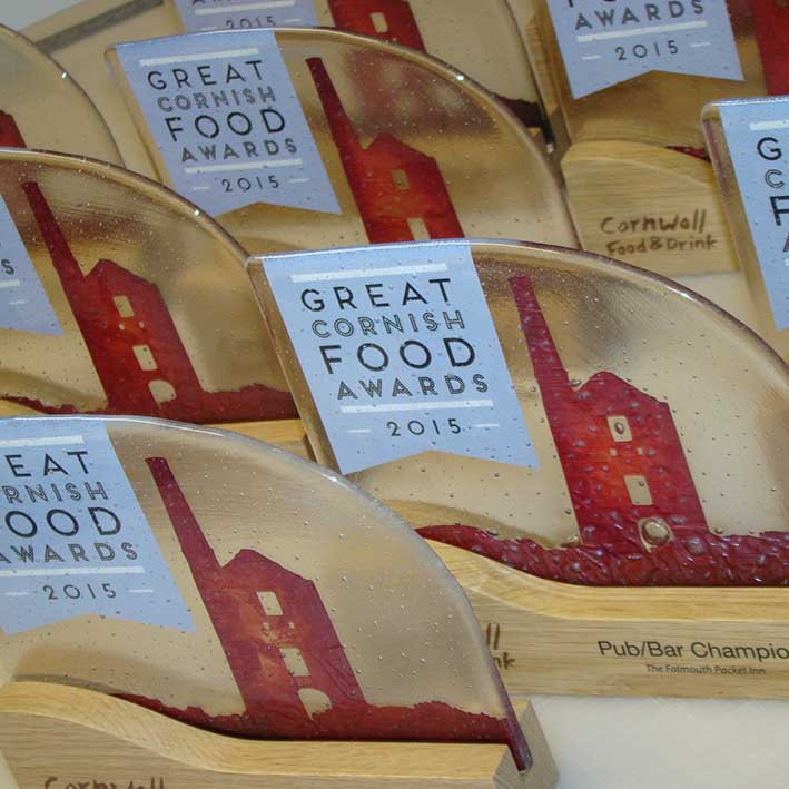 Great Cornish Food Awards produced using recycled glass and cut copper inlay.