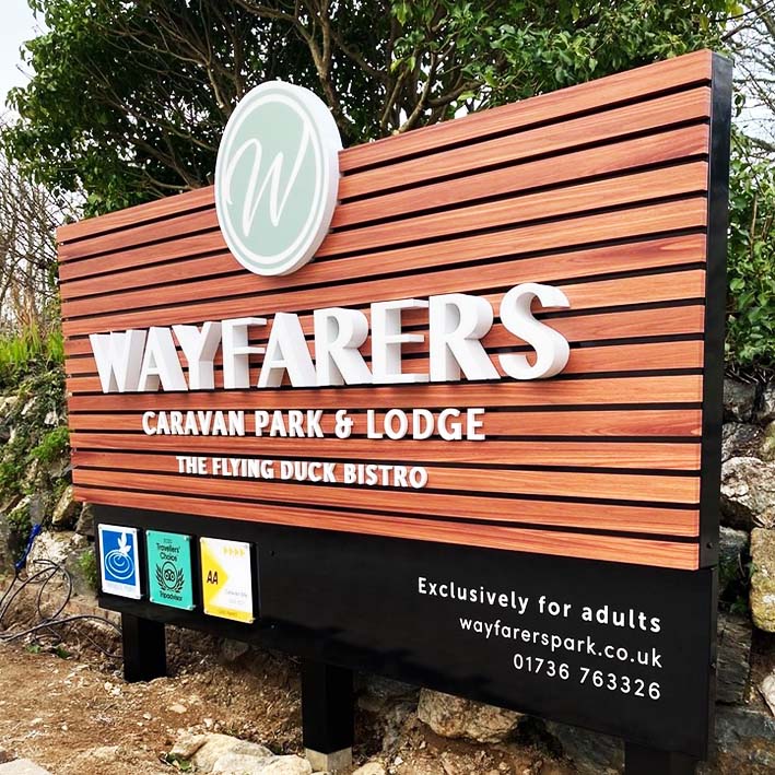The Wayfares Holiday Park Sign, Marizoin Cornwall with illuminated lettering