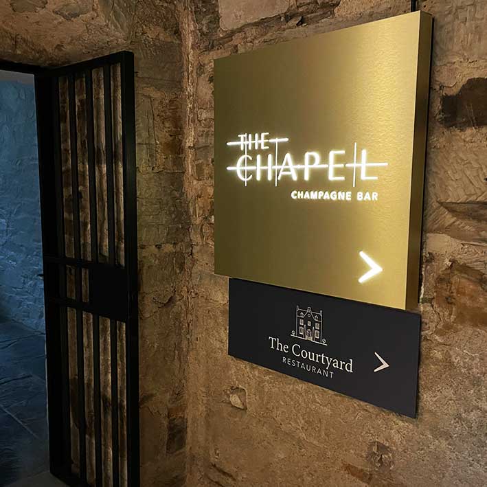 Illuminated Sign Pan for The Chapel Champagne Bar in Cornwall