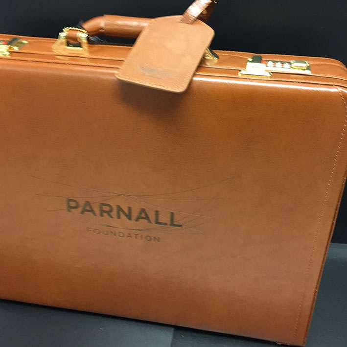 laser engraved logo onto leather briefcase for Parnall Launceston