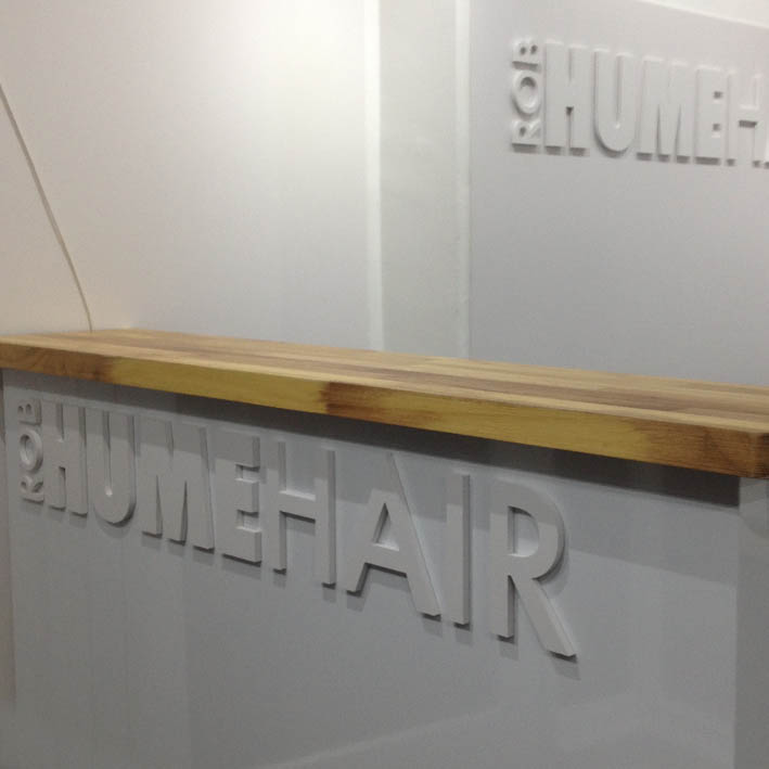 Hair salon signs and front till counter for Hume Hair Launceston Cornwall