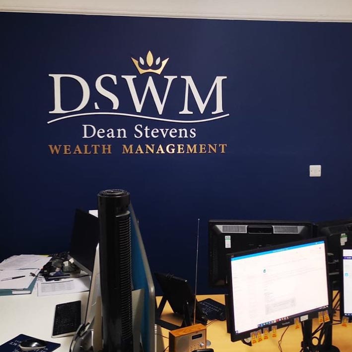Dean Stevens Wealth Management office wall branding and signs in Falmouth Cornwall