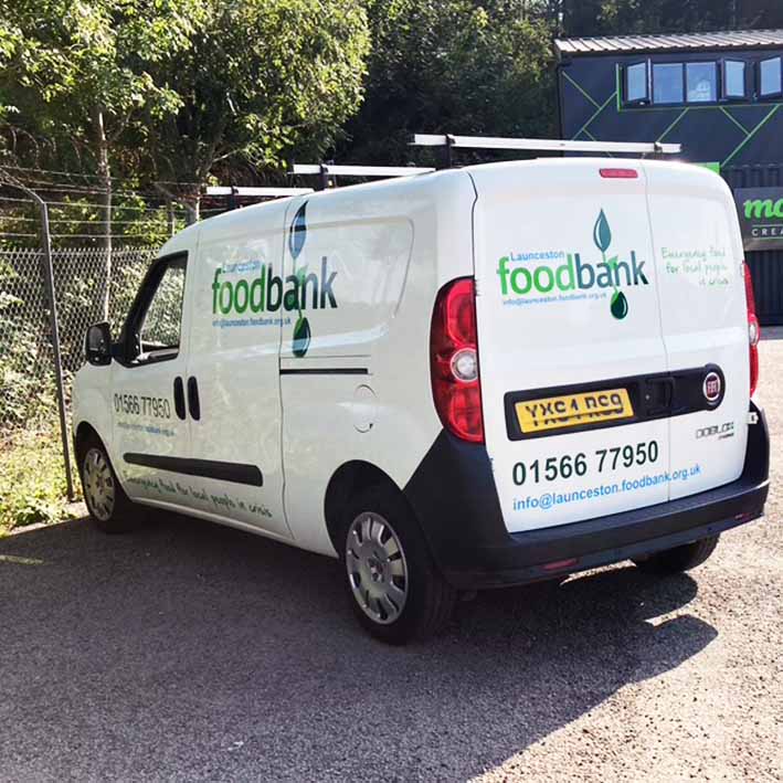 Signwring of van for Launceston Foodbank, Cornwall